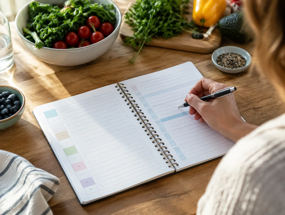 Weekly meal planner notebook open on a kitchen table representing a long-term food rotation diet strategy