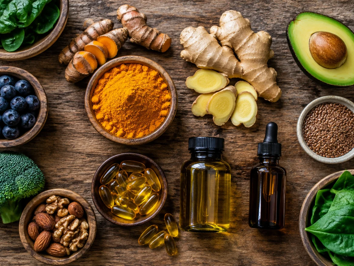 Turmeric, ginger, and omega oil supplements arranged on a wooden table representing anti-inflammatory support during elimination
