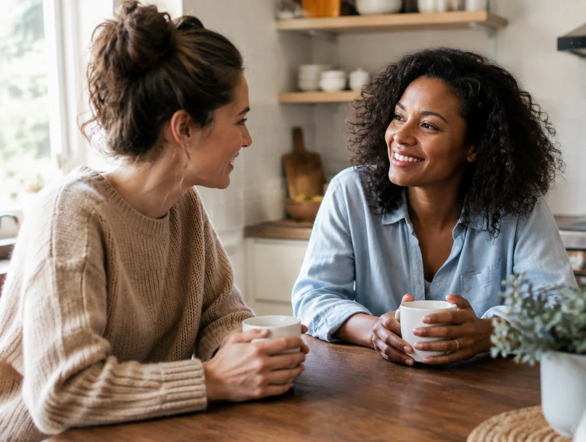 Two women having a warm, supportive conversation over coffee at a kitchen table during the elimination diet process