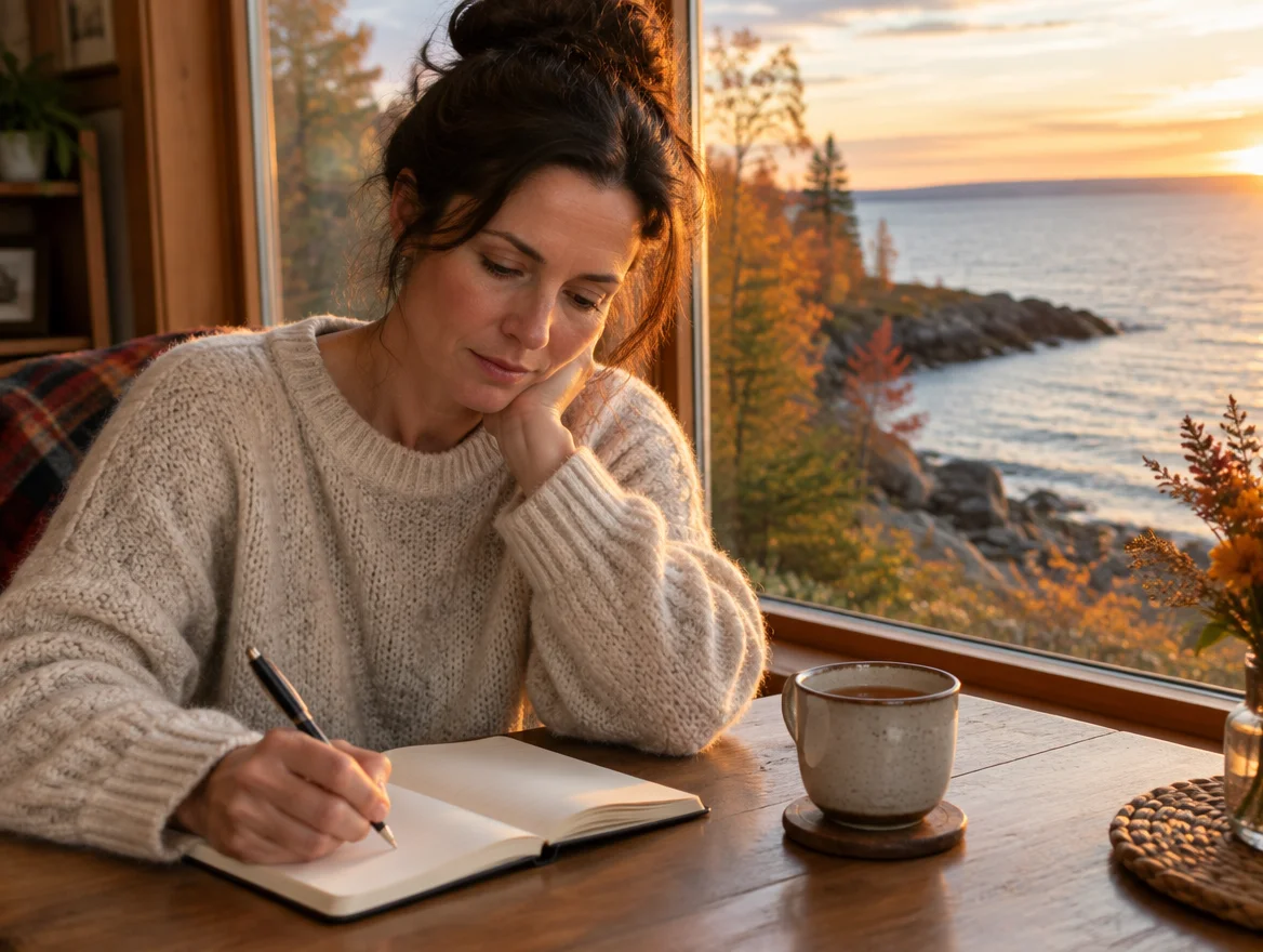 Woman in Michigan writing in a symptom and food journal at her kitchen table to track possible food sensitivity reactions