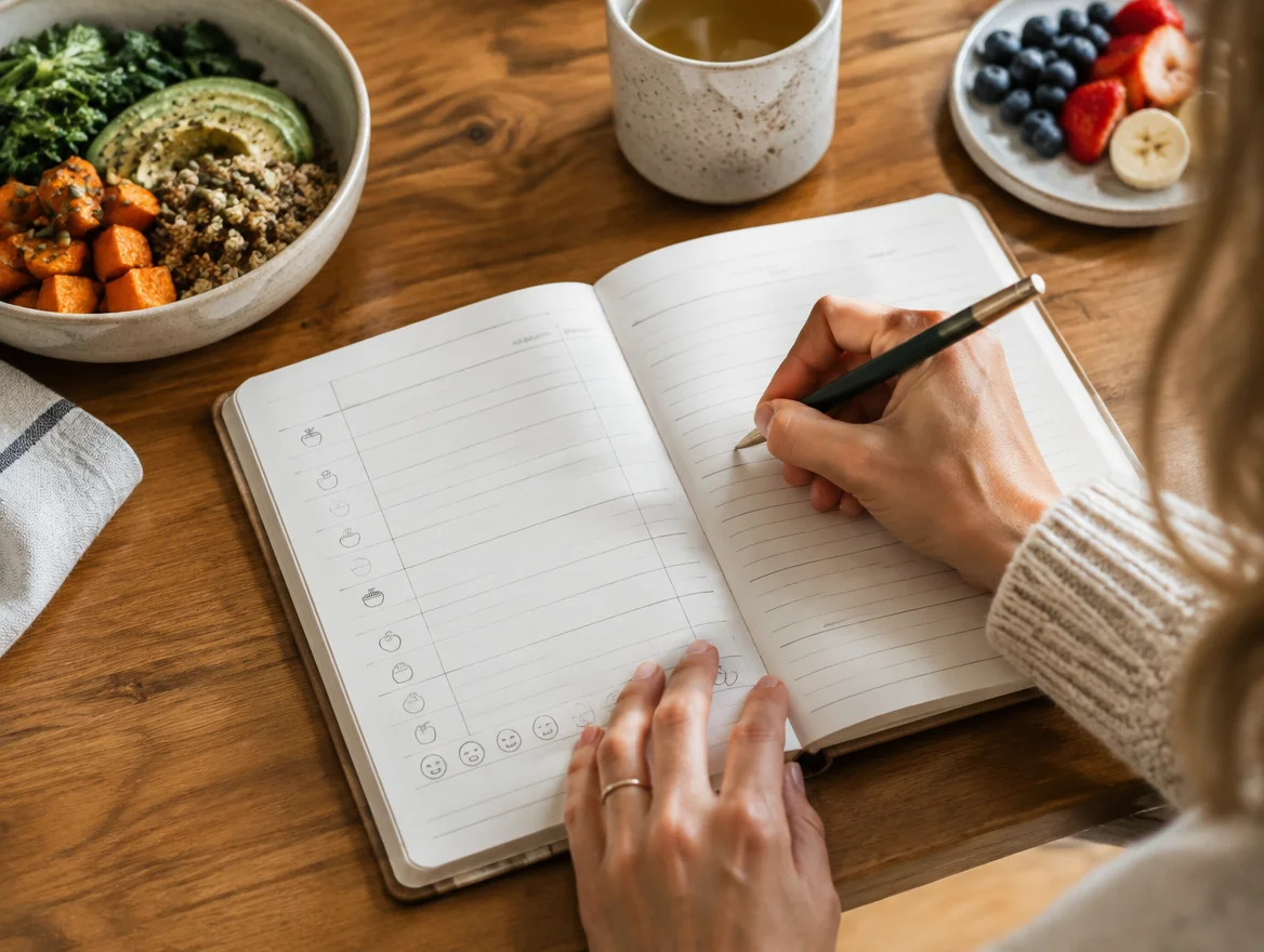 Close-up of a woman's hands writing in a food and symptom journal notebook at her kitchen table