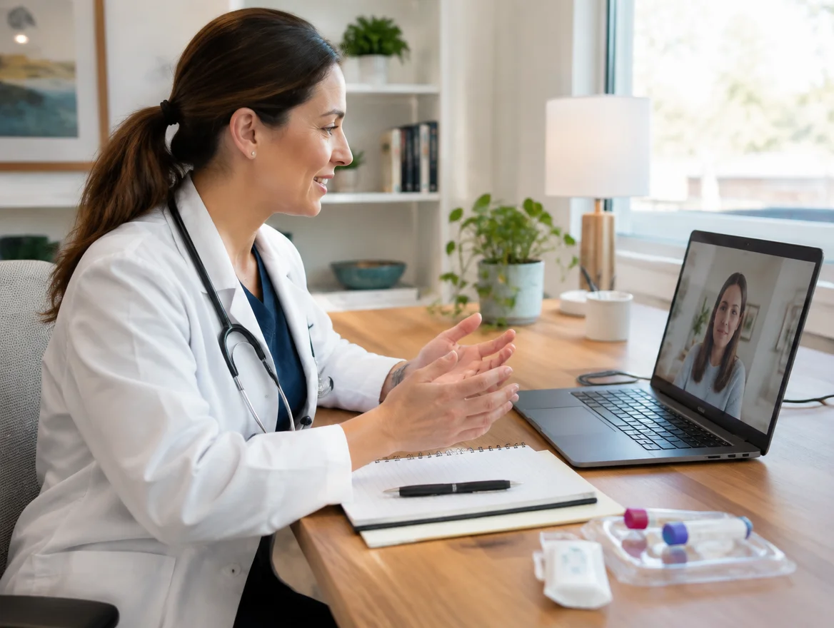 Michigan woman discussing her food sensitivity testing options during a calm telehealth consultation with her nurse practitioner