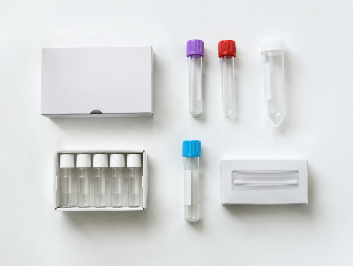 Several unbranded medical test tubes and sample kits arranged on a white surface, representing the many food sensitivity tests on the market