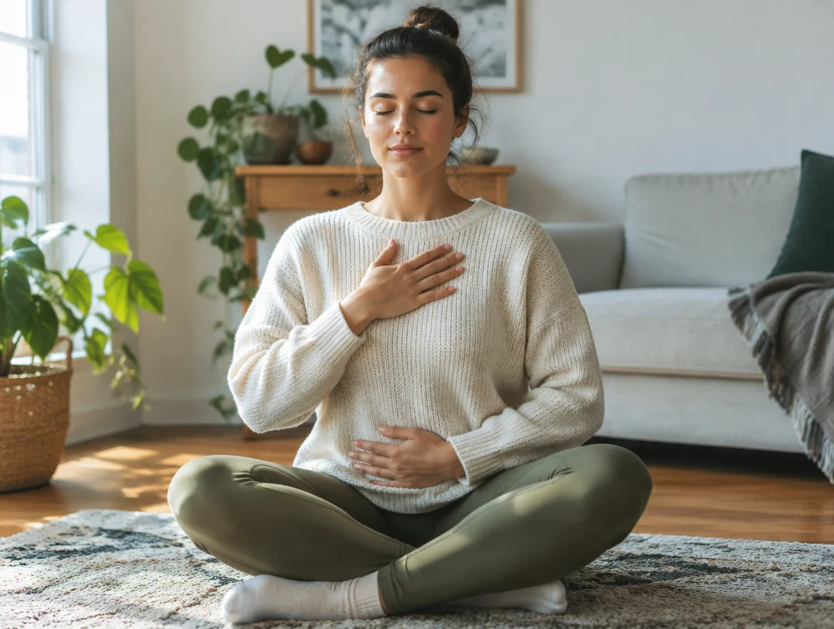 Woman practicing calm deep breathing at home, illustrating the two-way street between the vagus nerve, chronic stress, and food reactivity