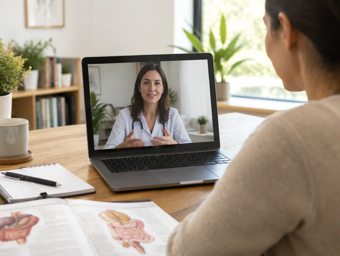Michigan woman on a telehealth video visit discussing chronic bloating and gut barrier symptoms with her nurse practitioner