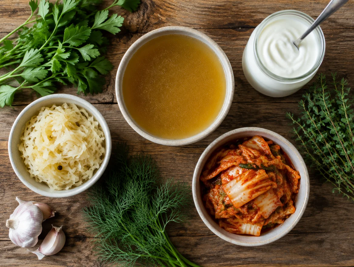 Flatlay of gut-supportive whole foods including bone broth, fermented vegetables, and colorful produce prepared in a Michigan kitchen