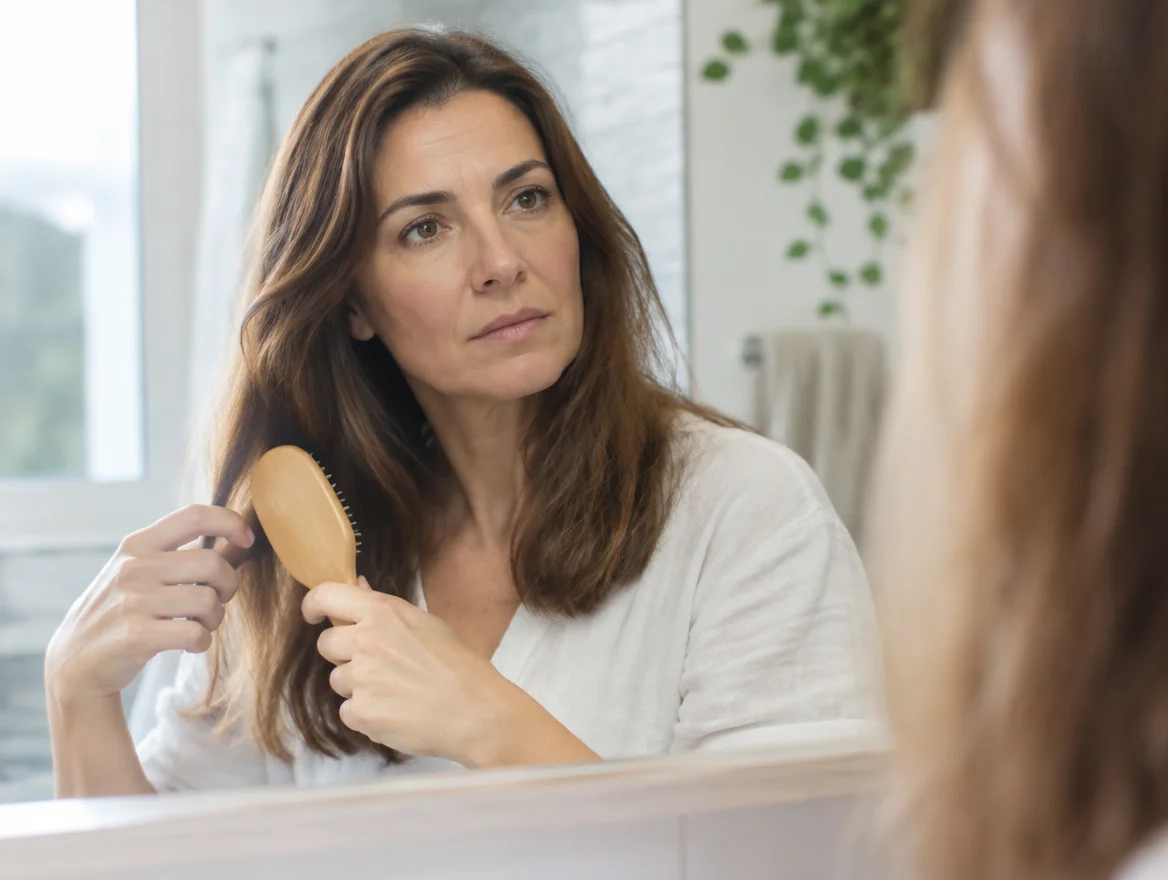 Wisconsin woman examining hair thinning in a bathroom mirror, a common sign of autoimmune thyroid activity linked to gut barrier health