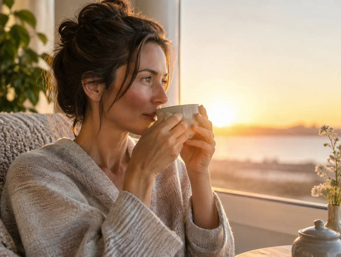 Woman holding a warm cup of tea by a Michigan window at sunrise as part of a calming morning routine supporting gut and nervous system health