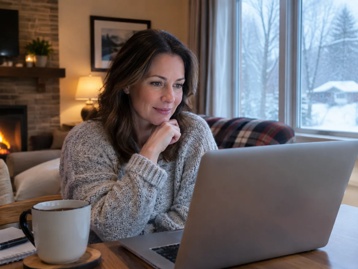 Michigan woman having a winter follow-up telehealth visit on her laptop to review Mucosal Barrier Assessment progress