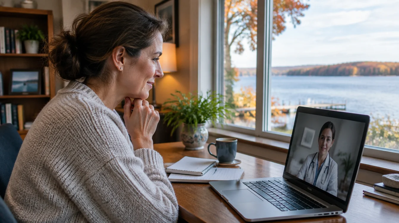 Wisconsin woman completing a telehealth visit at her kitchen table to discuss Mucosal Barrier Assessment results with her nurse practitioner