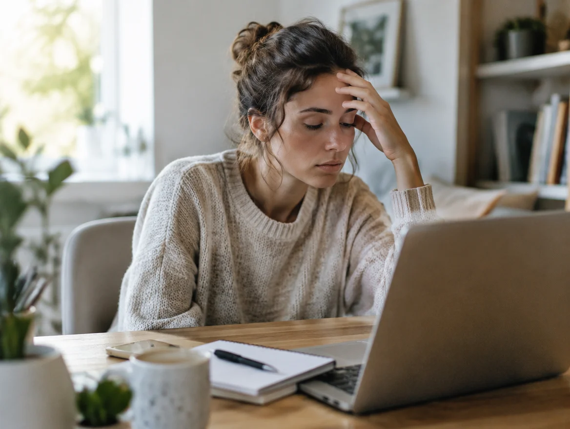 Wisconsin woman pausing at her home office desk experiencing a moment of gut-related brain fog
