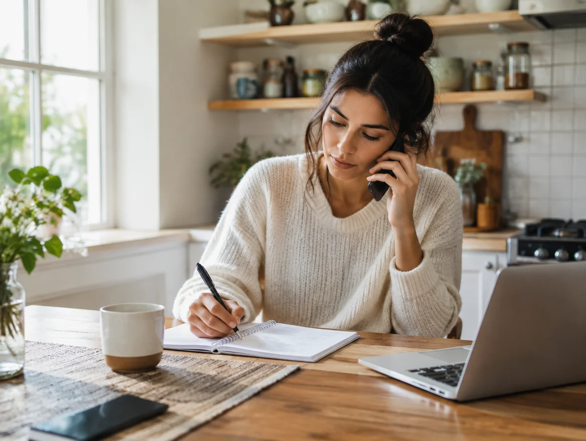 Michigan woman taking notes during a phone call coordinating gut barrier care with her other healthcare providers