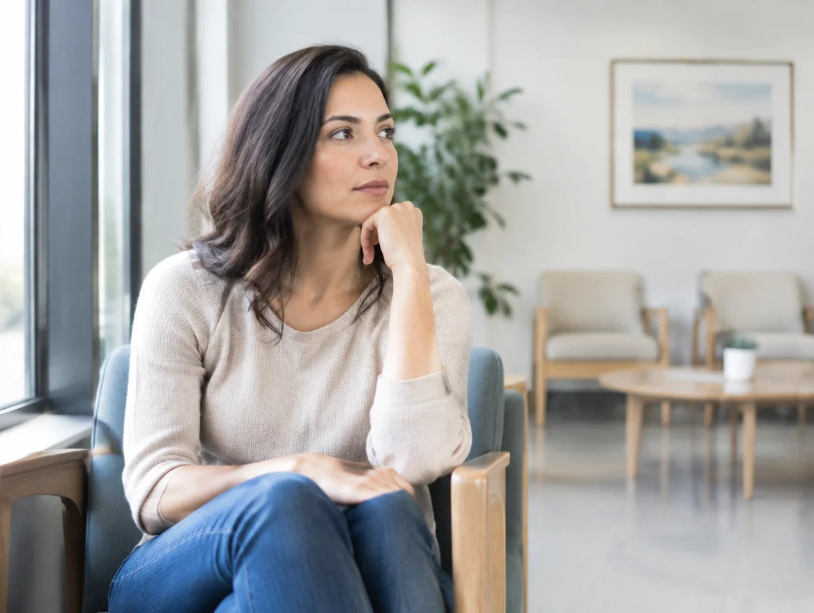 Michigan woman sitting in a calm clinic waiting area after a colonoscopy or celiac panel came back normal