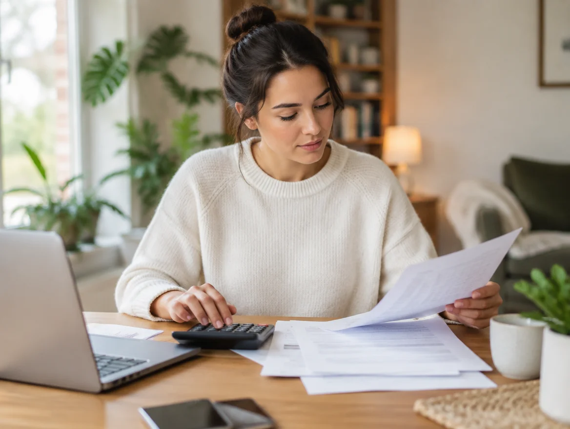 Wisconsin woman calmly reviewing costs at her home desk while considering the Mucosal Barrier Assessment