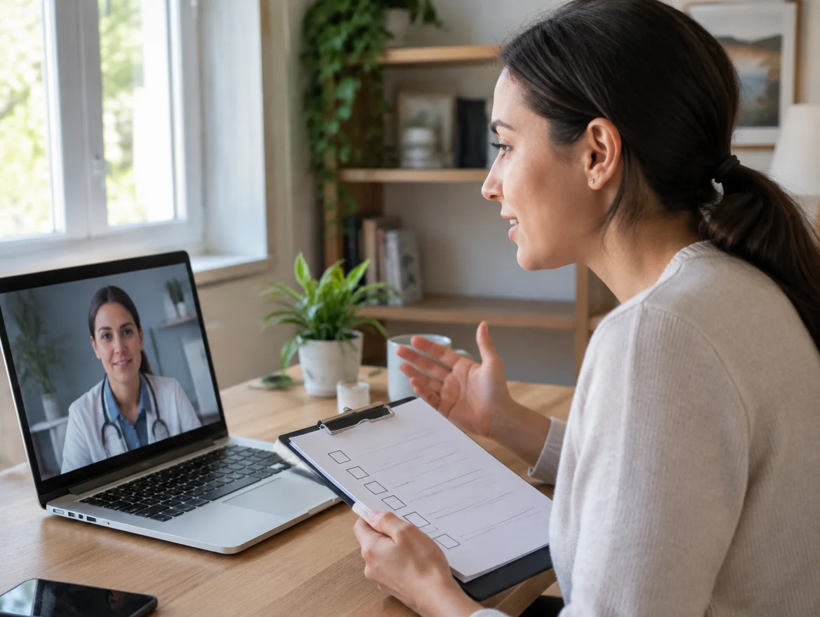 Michigan woman on a telehealth visit holding a checklist during a comprehensive gut barrier evaluation