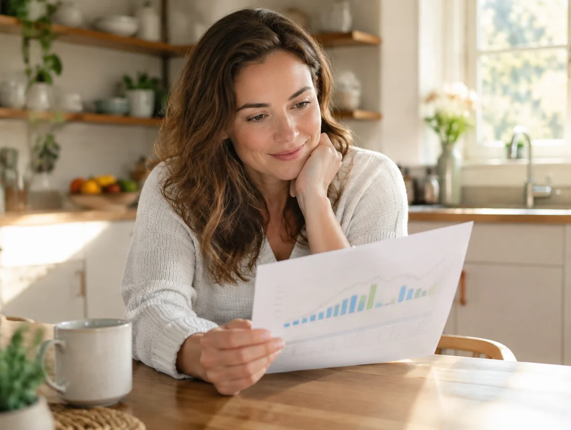 Michigan woman reviewing her printed Mucosal Barrier Assessment lab report at her kitchen table