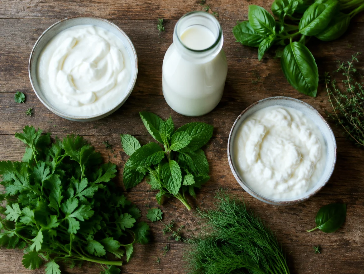 Fresh yogurt, kefir, and herbs representing gut microbiome diversity important to Michigan and Wisconsin women's barrier integrity