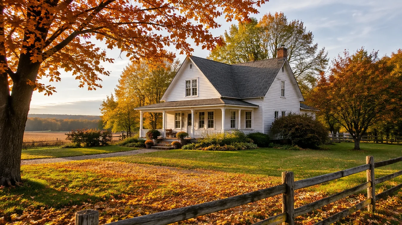 Rural Michigan farmhouse in autumn representing well water and older housing considerations relevant to gut barrier health