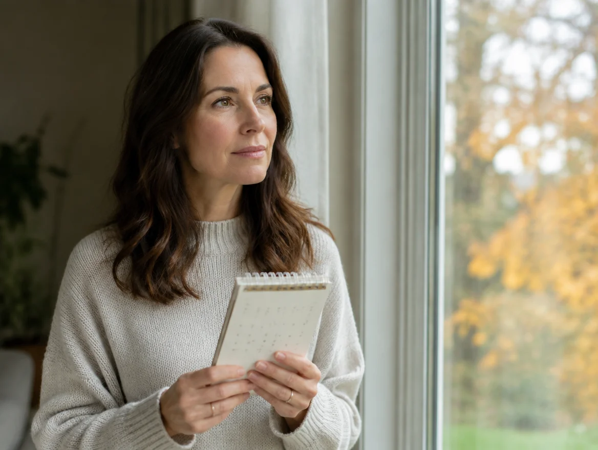 Michigan woman in her mid-40s by a window in autumn light considering how perimenopause affects her gut barrier