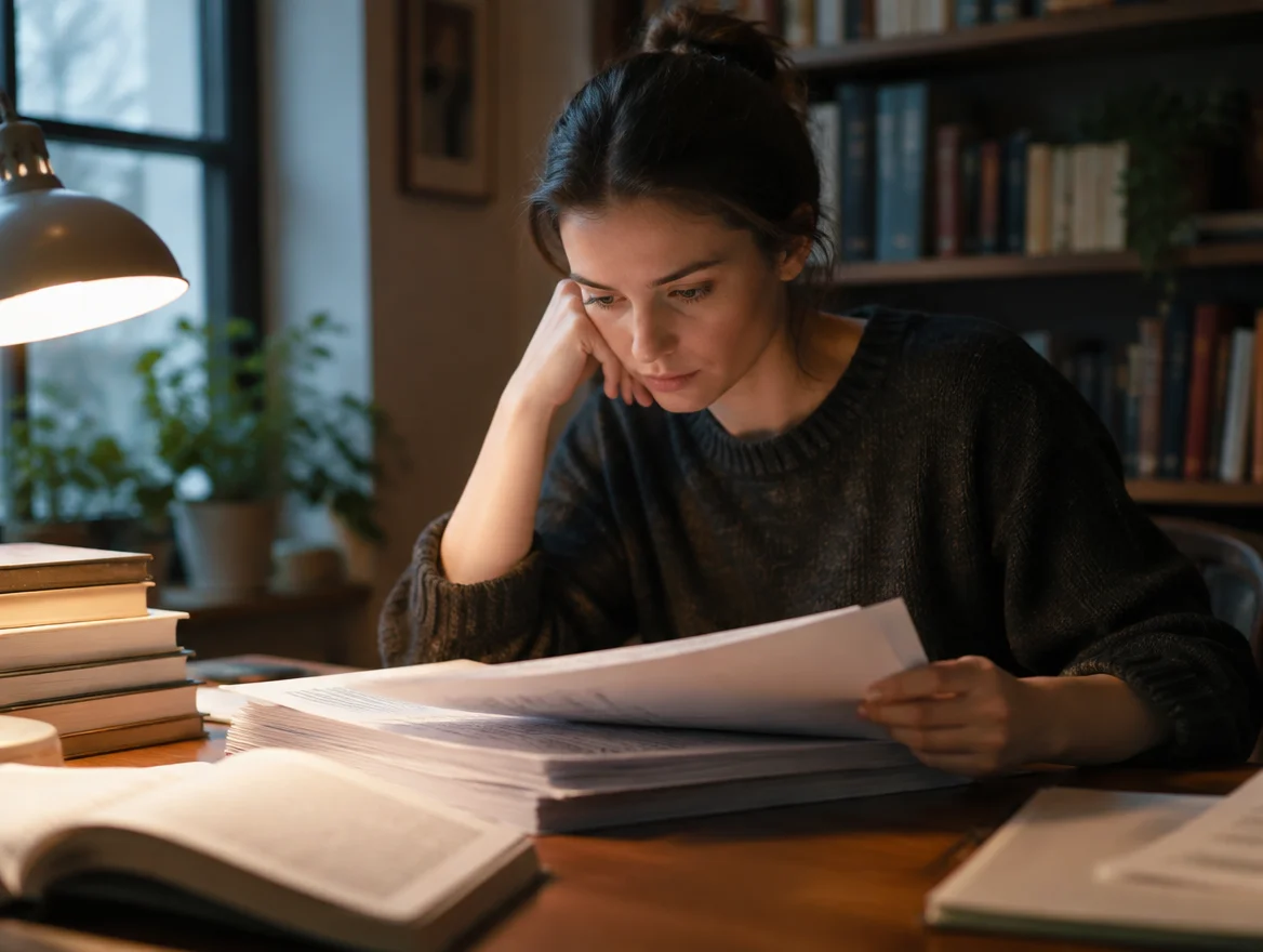 Woman reading research papers at a desk, reflecting the honest look at what gut barrier research does not yet fully answer