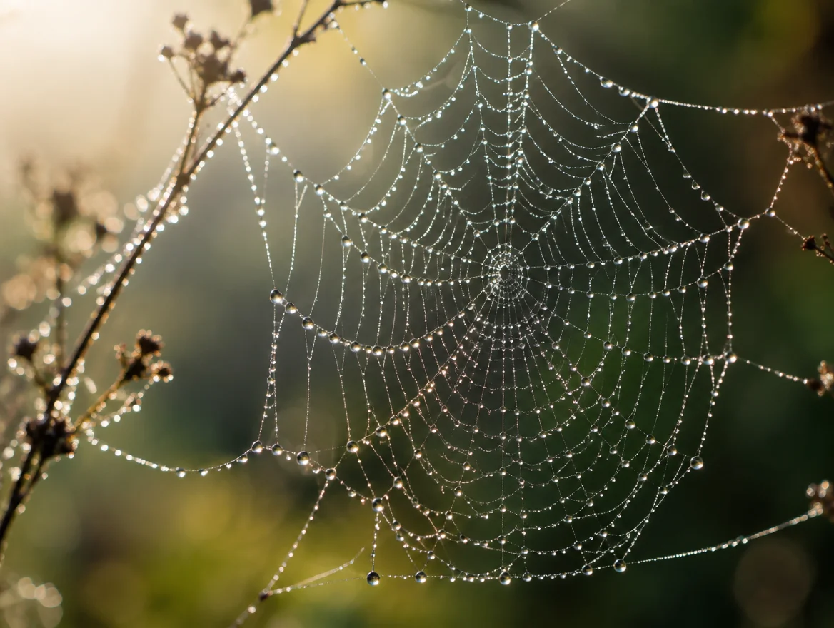 Delicate spider web with morning dew symbolizing secretory IgA as the gut's first-line protective defense