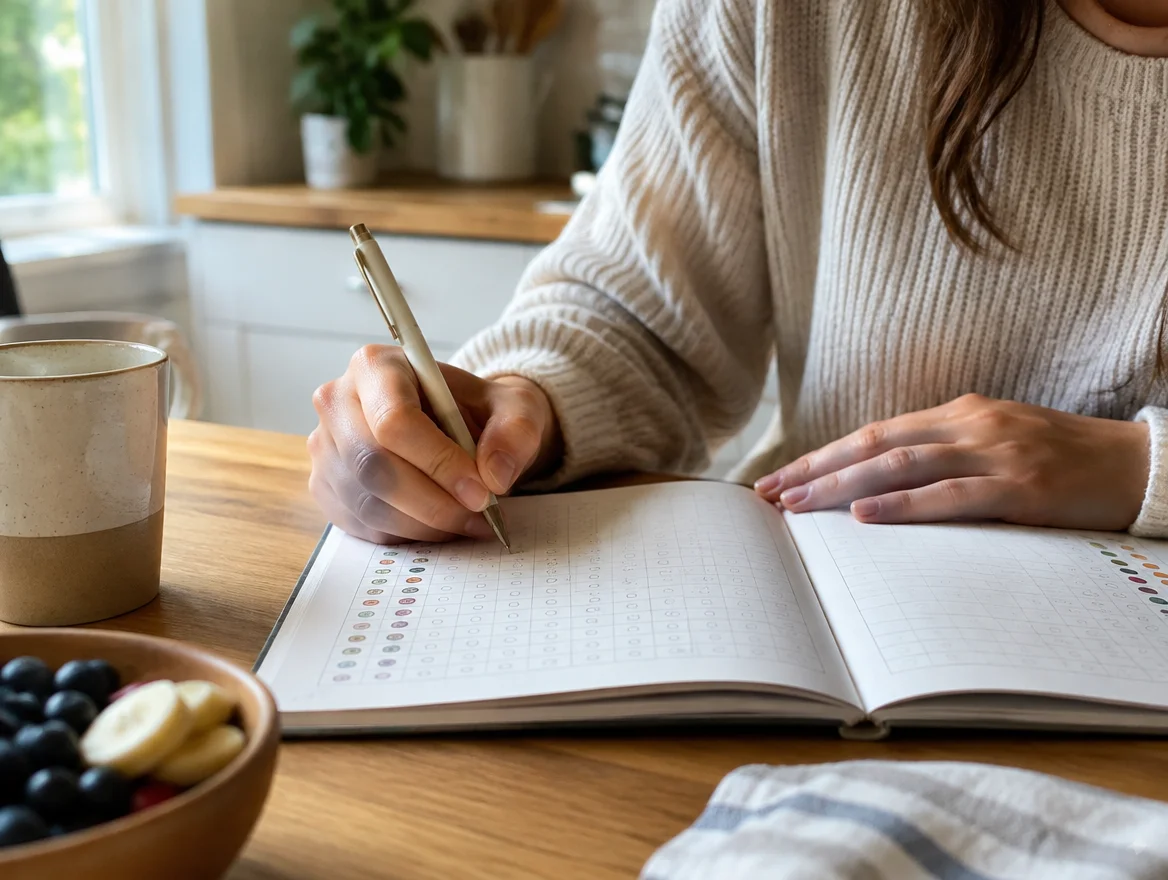 Close-up of a woman's hands writing in a daily symptom tracker notebook at her kitchen table