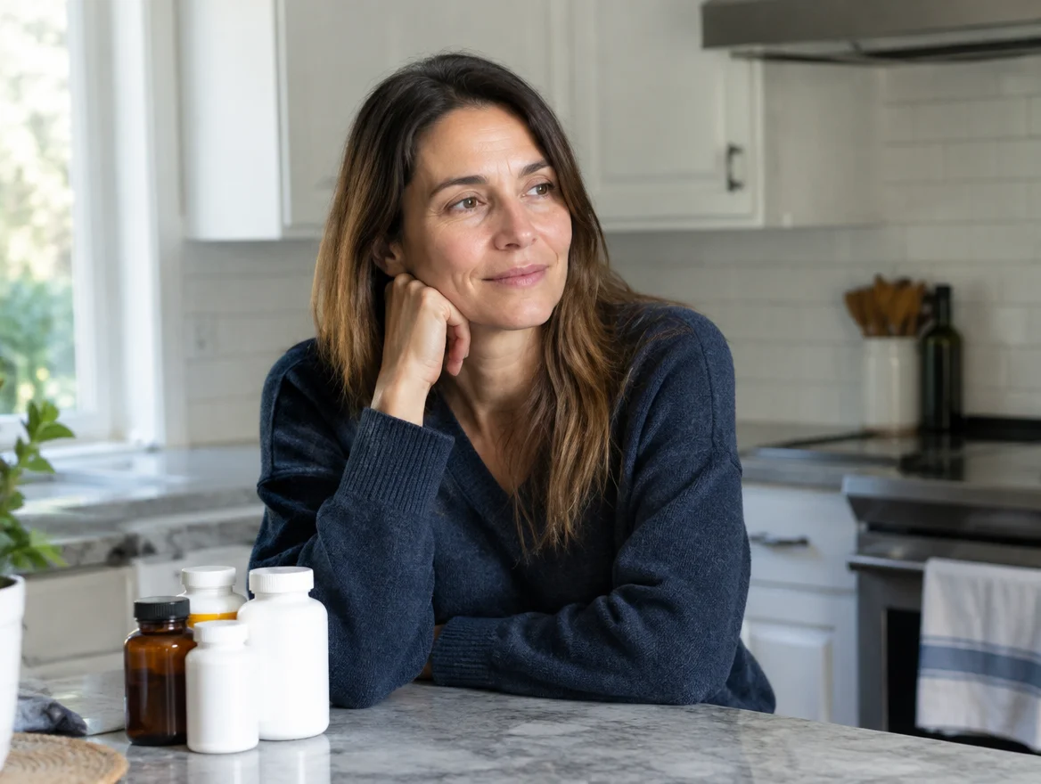 Tired but hopeful Michigan woman at her kitchen counter who has already tried numerous supplements and protocols