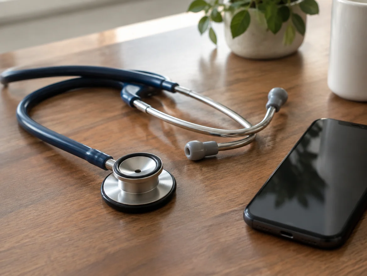 Stethoscope resting beside a phone, symbolizing when to seek specialized or urgent gut-related care