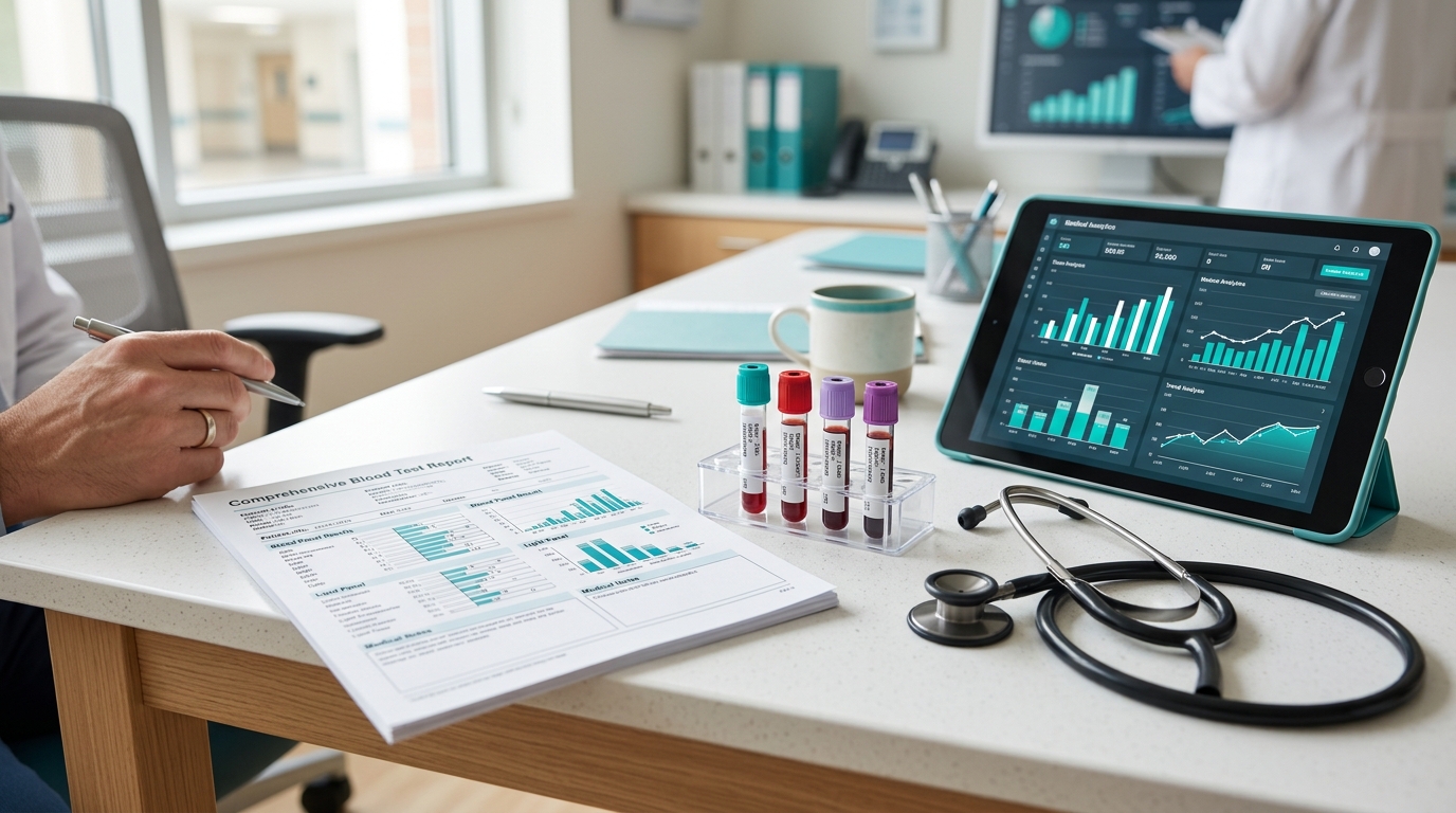 Comprehensive functional medicine lab testing setup with blood vials, test reports, and clinical analysis tools used to identify root causes of weight loss resistance