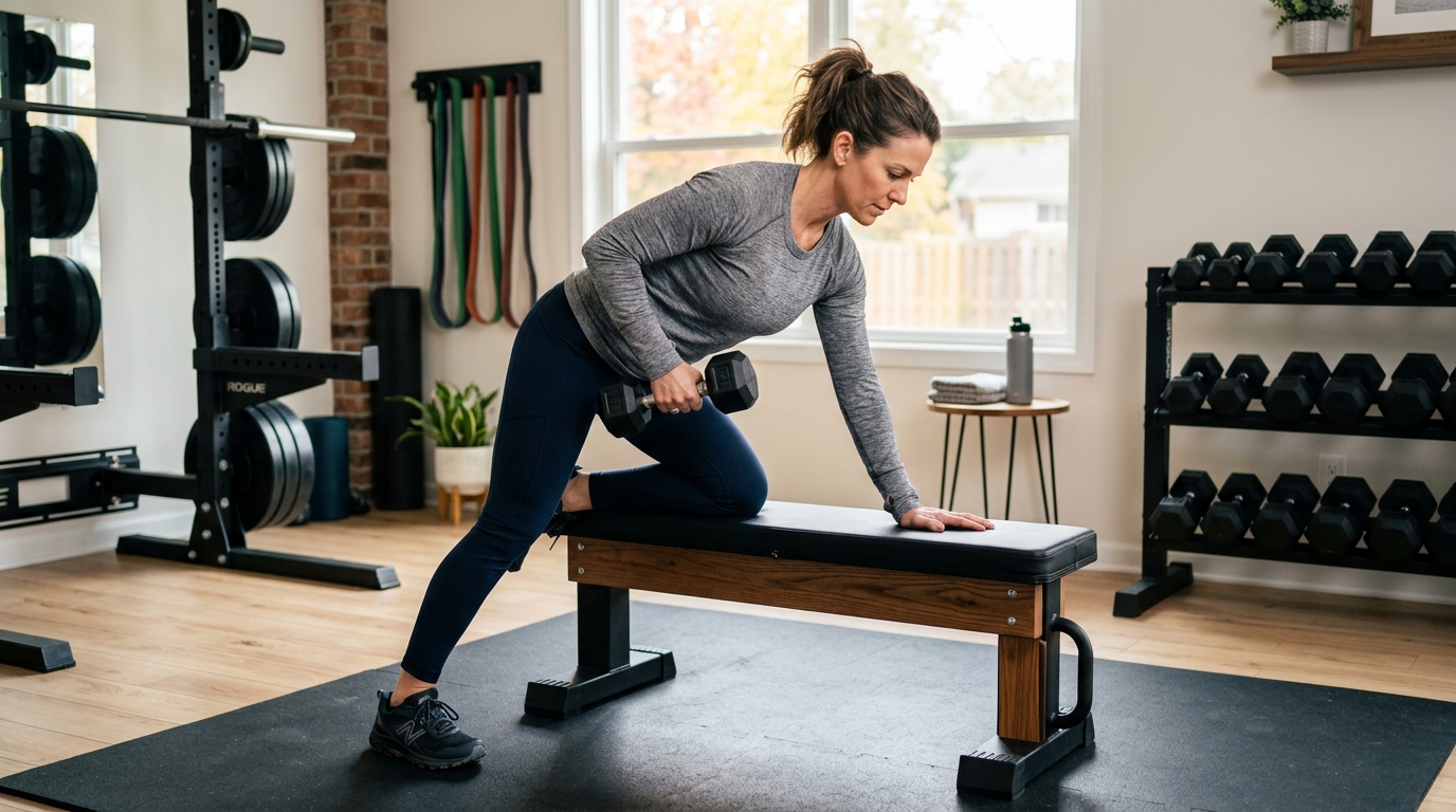 A woman in her 40s doing dumbbell strength training in a home gym, demonstrating the resistance training needed to prevent muscle loss during GLP-1 weight loss treatment