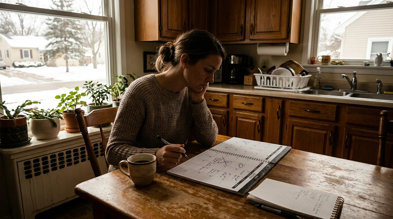 Woman in her mid-30s in Wisconsin reviewing a calendar and tracking cycle changes at her kitchen table