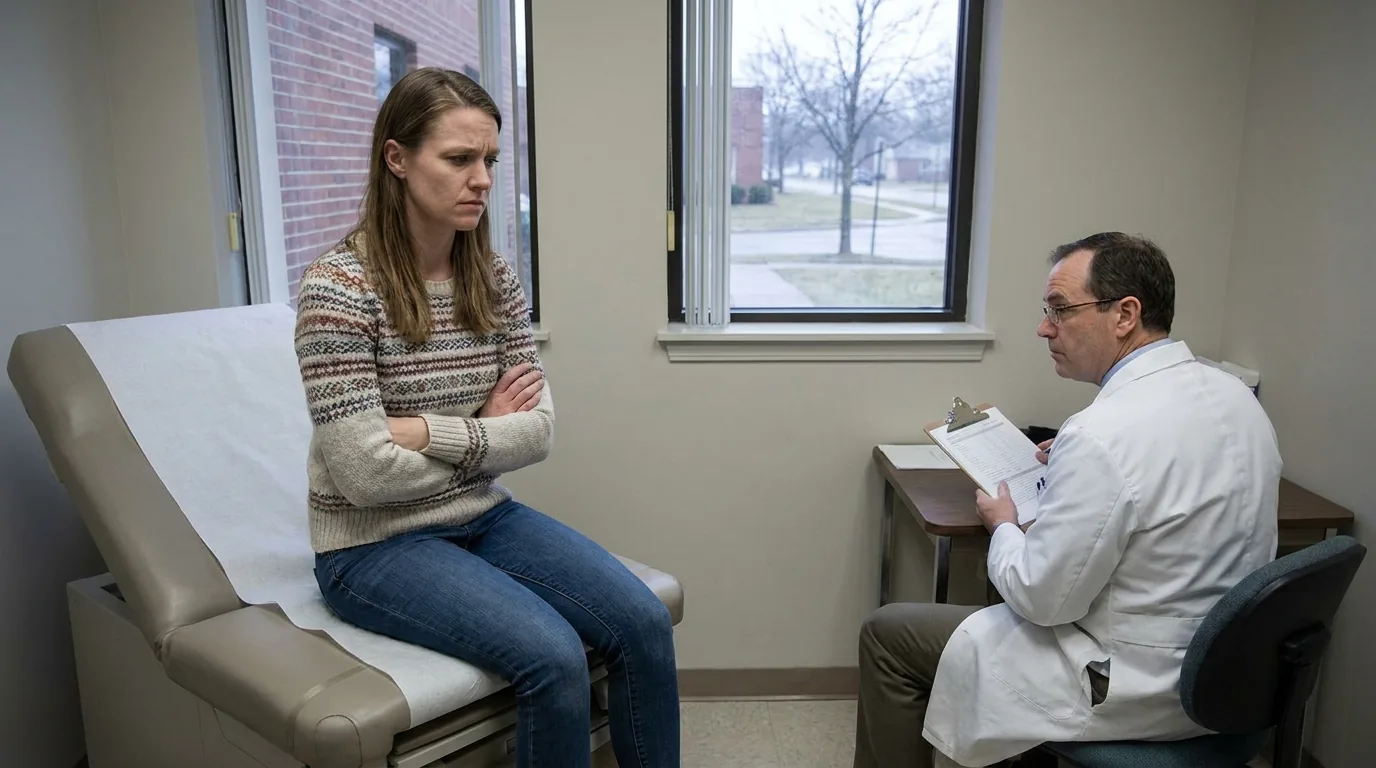 Woman in her 30s at a doctor's office in Michigan feeling dismissed after describing early perimenopause symptoms