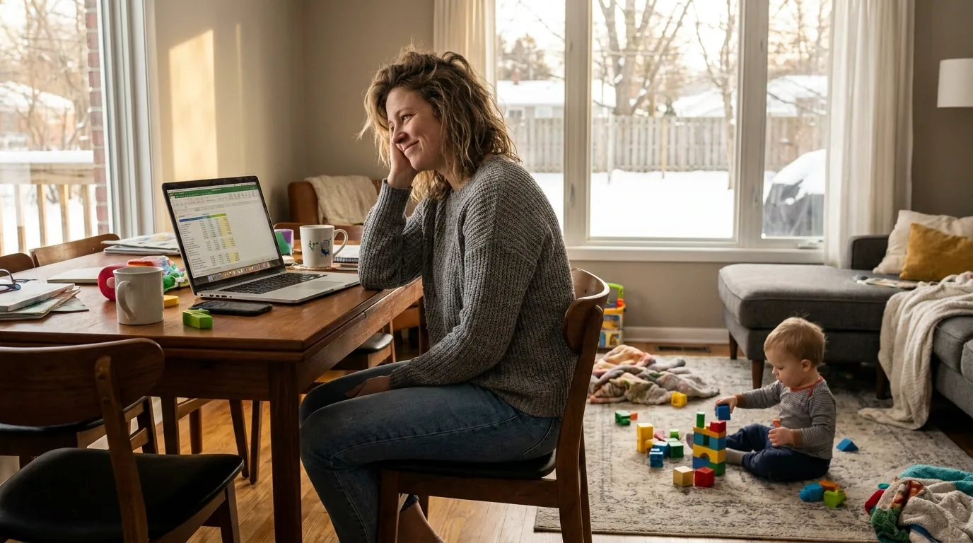 Woman in her mid-30s in Michigan balancing a career and young children while managing early perimenopause symptoms