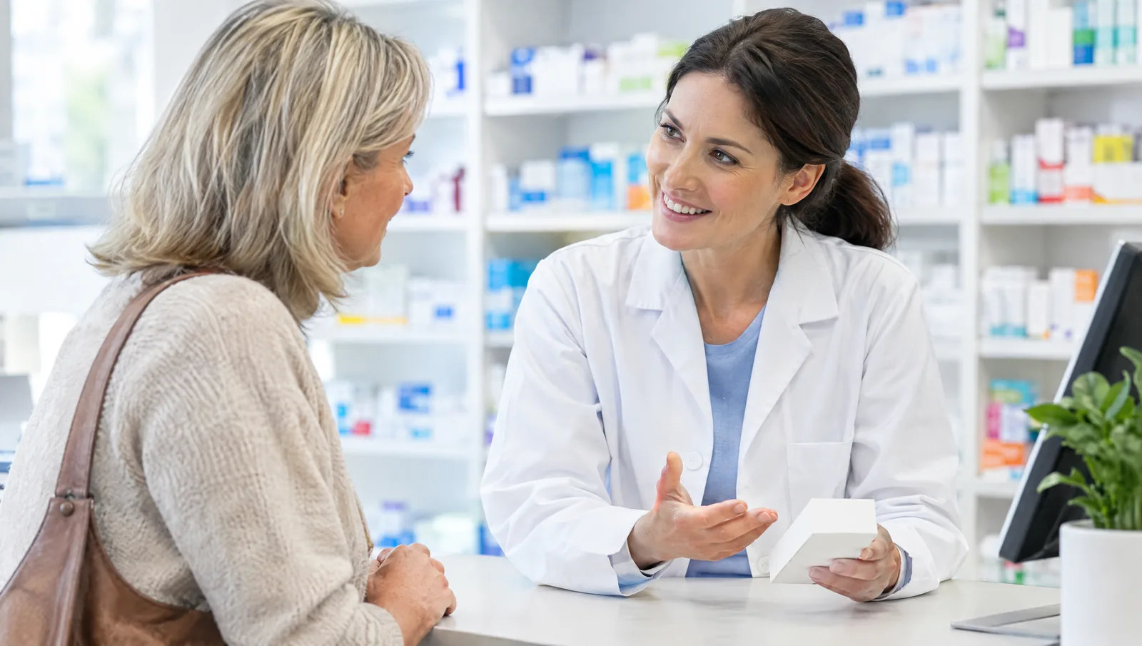 Woman in her early 50s consulting with a friendly pharmacist at a bright pharmacy counter