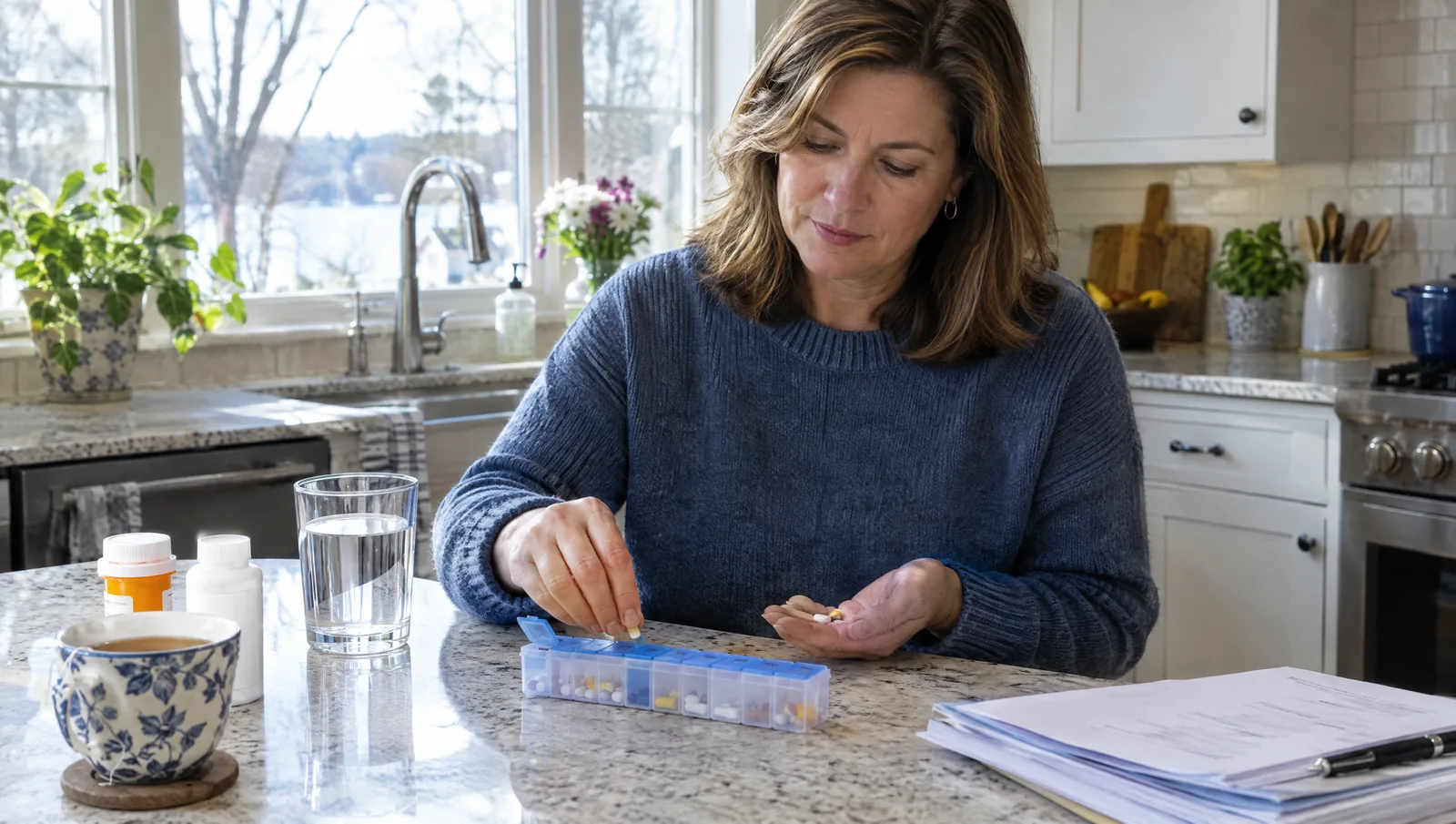 Woman in her late 40s filling a weekly pill organizer at a Michigan kitchen counter beside a glass of water and printed information