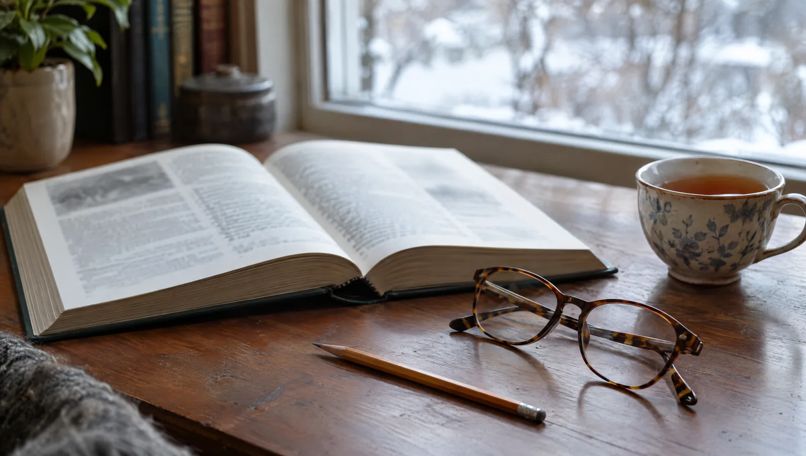 Open reference book, pencil, reading glasses, and a cup of tea on a wooden desk by a window with soft winter light
