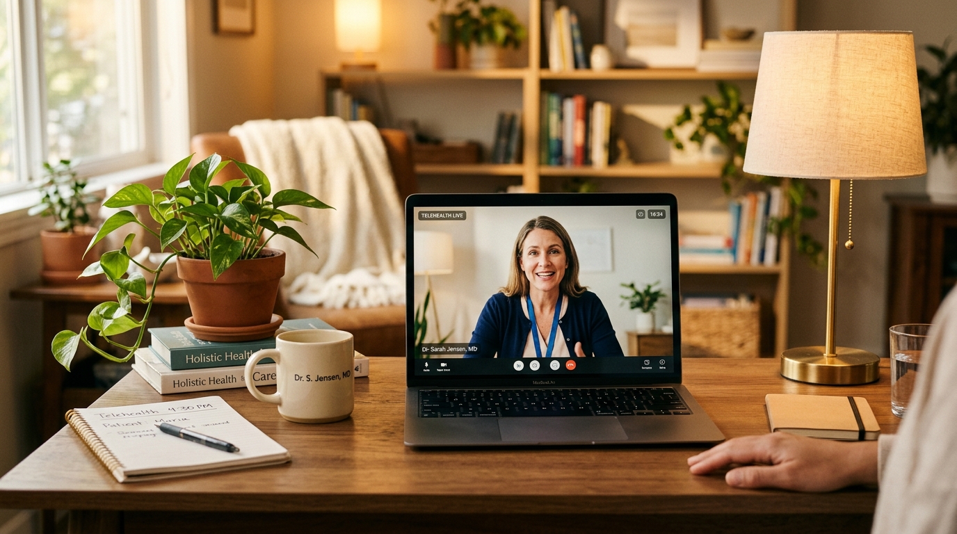 Woman having a comfortable telehealth consultation from her Michigan home, connecting with her functional medicine provider via video call
