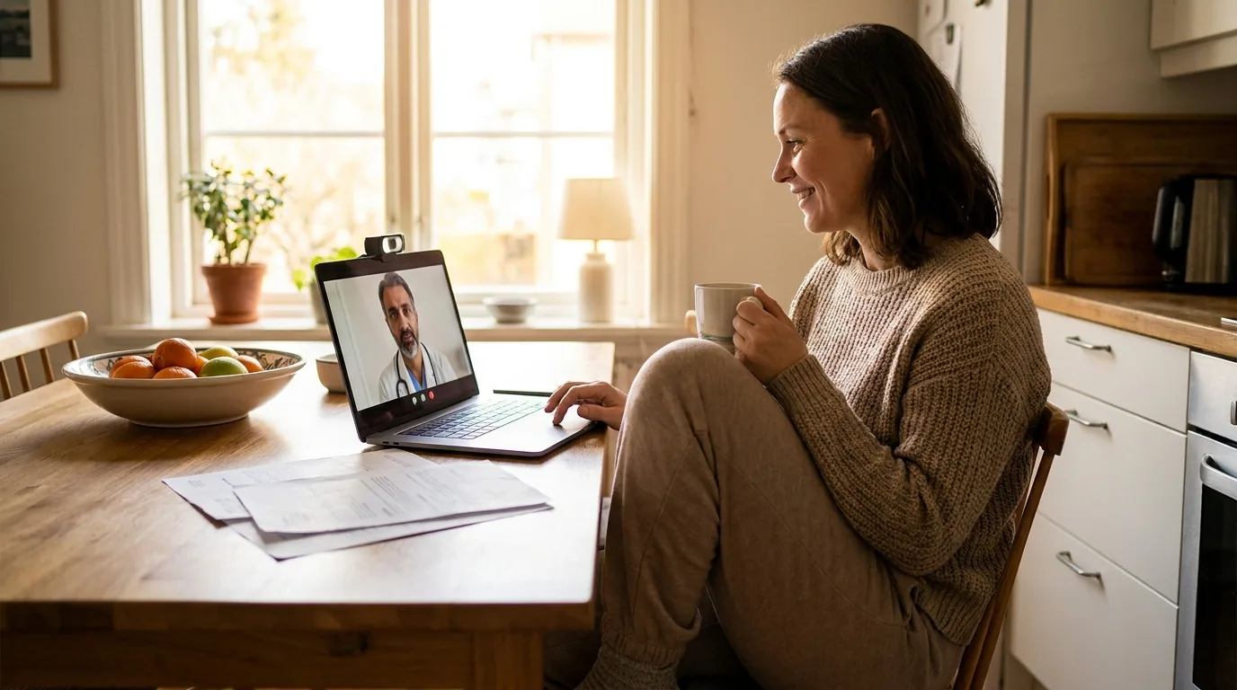 A woman having a telehealth video visit from home, representing accessible virtual care