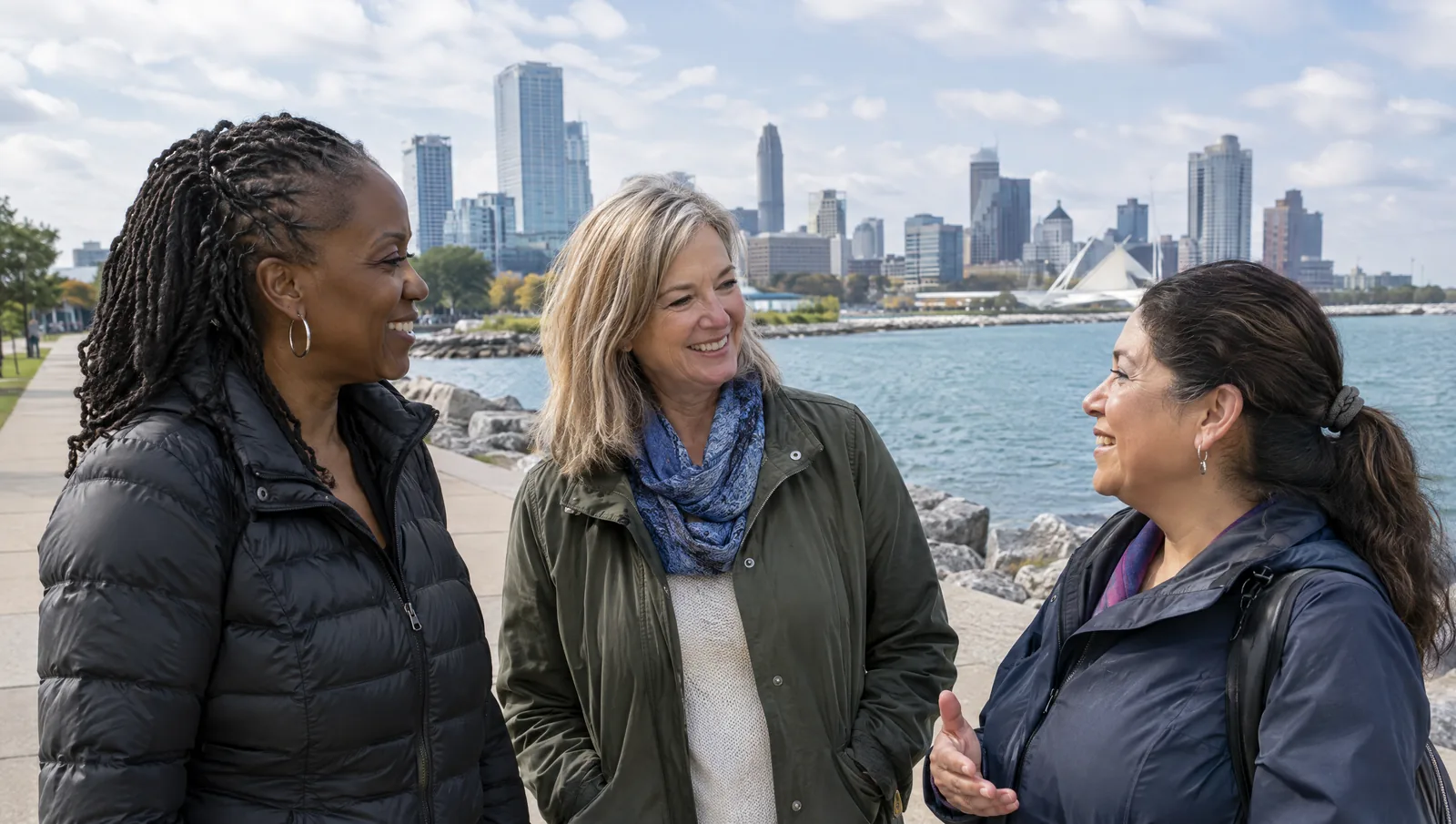 Three women of different ages and backgrounds talking warmly on a Milwaukee lakefront path with the skyline behind them