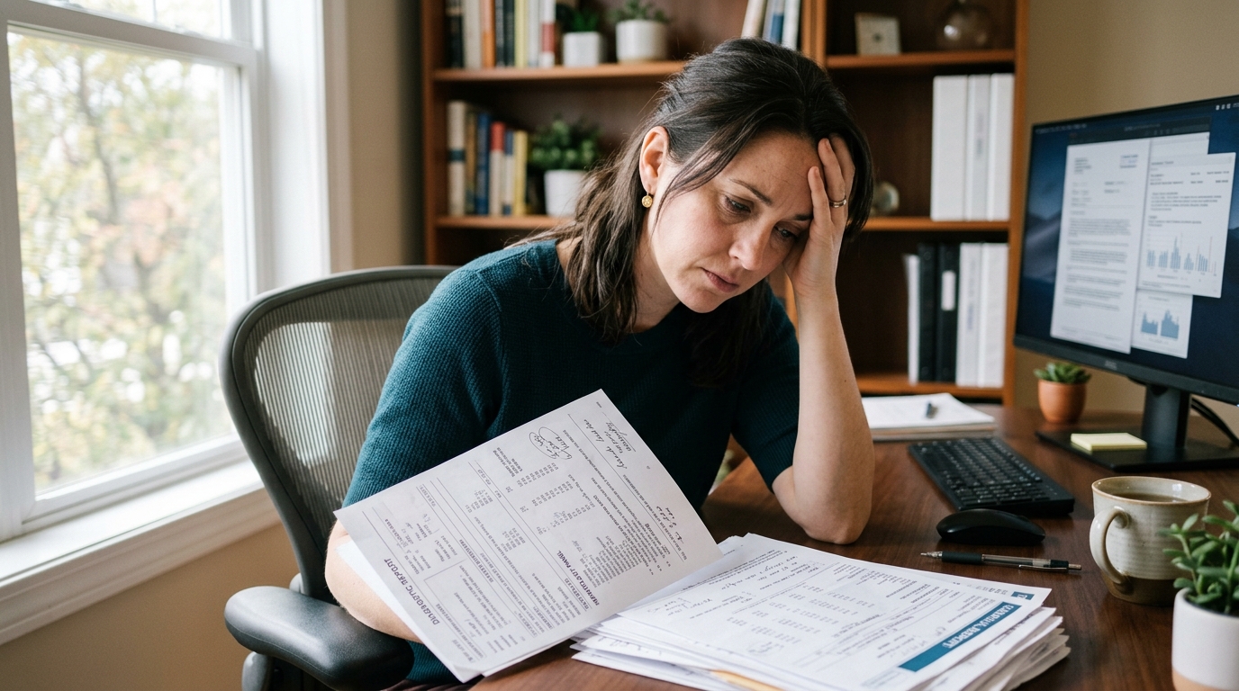 Frustrated professional woman reviewing lab test results at home desk