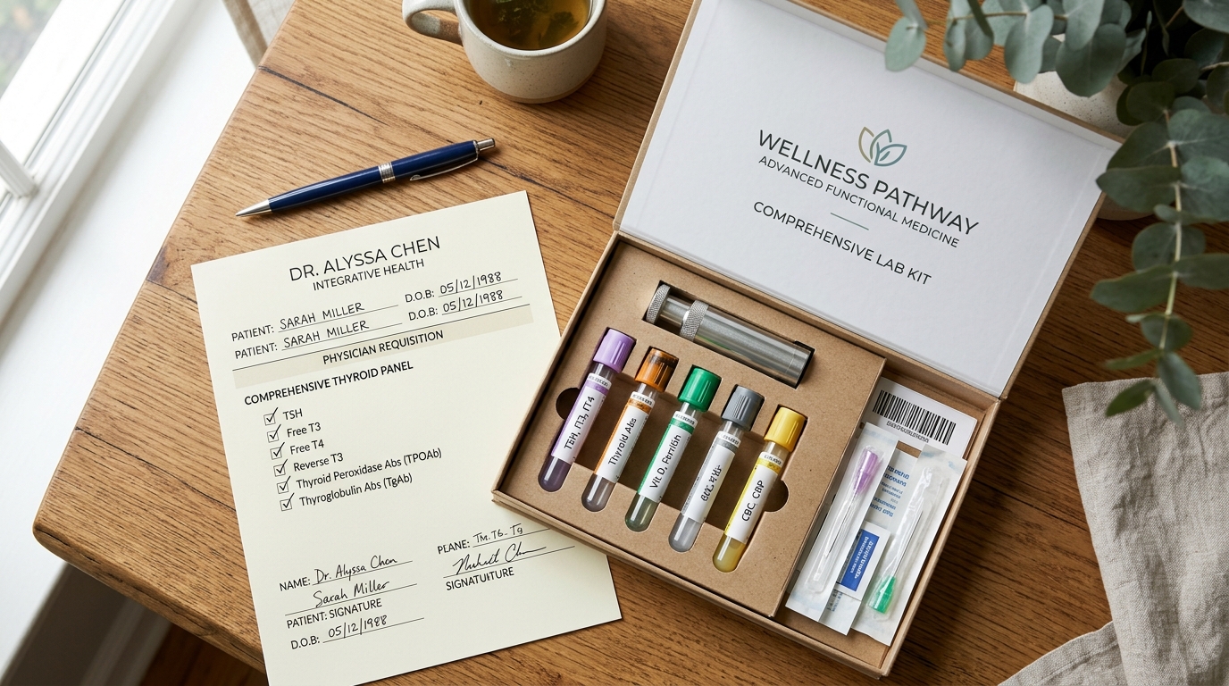 Functional medicine laboratory requisition showing complete thyroid panel markers