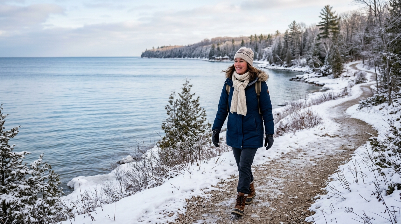 Woman walking outdoors in Michigan winter landscape supporting circadian and thyroid health