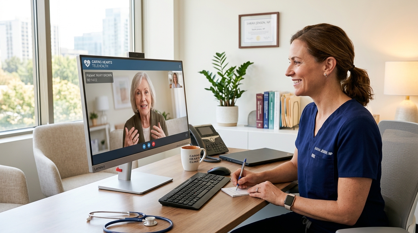 Empathetic nurse practitioner discussing thyroid medication options with patient via telehealth