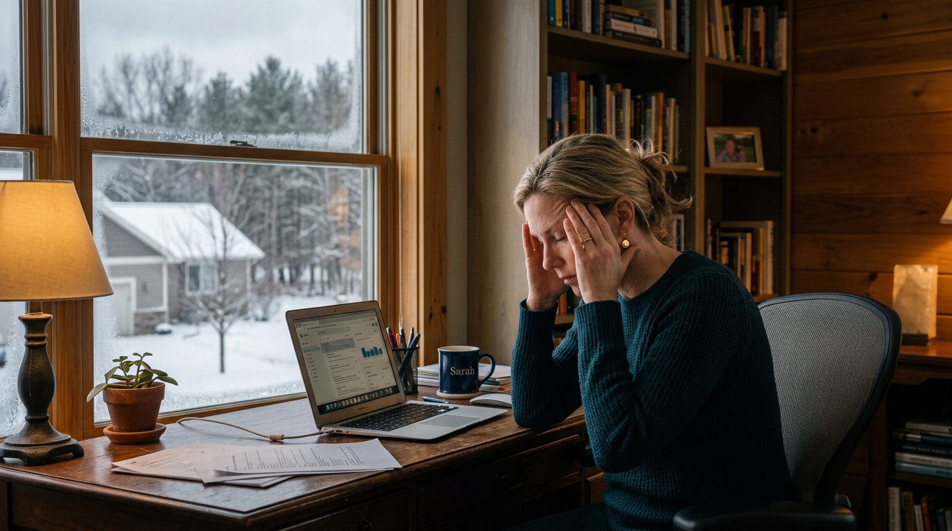Wisconsin woman experiencing afternoon fatigue and brain fog while working at her home desk during a grey winter day