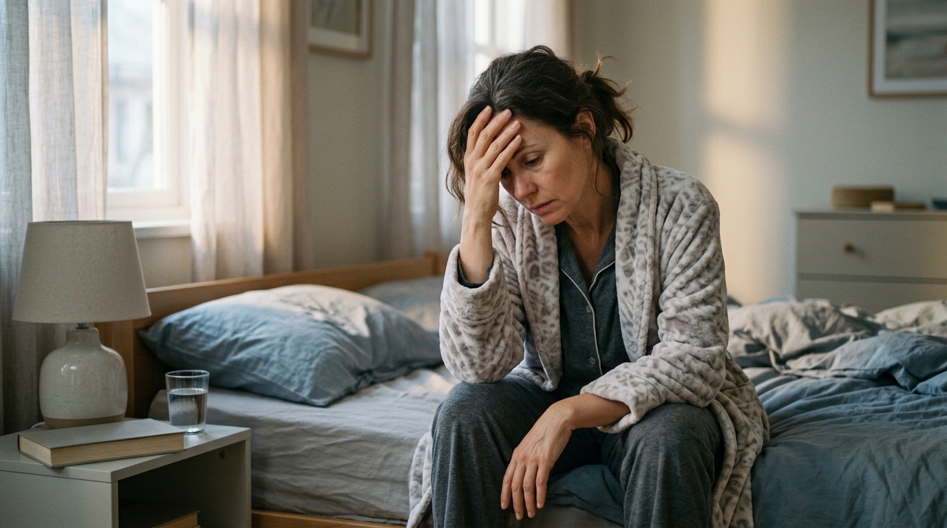 A Wisconsin woman in her mid-40s sitting on the edge of her bed, exhausted and overwhelmed by hormone-related fatigue and sleep disruption