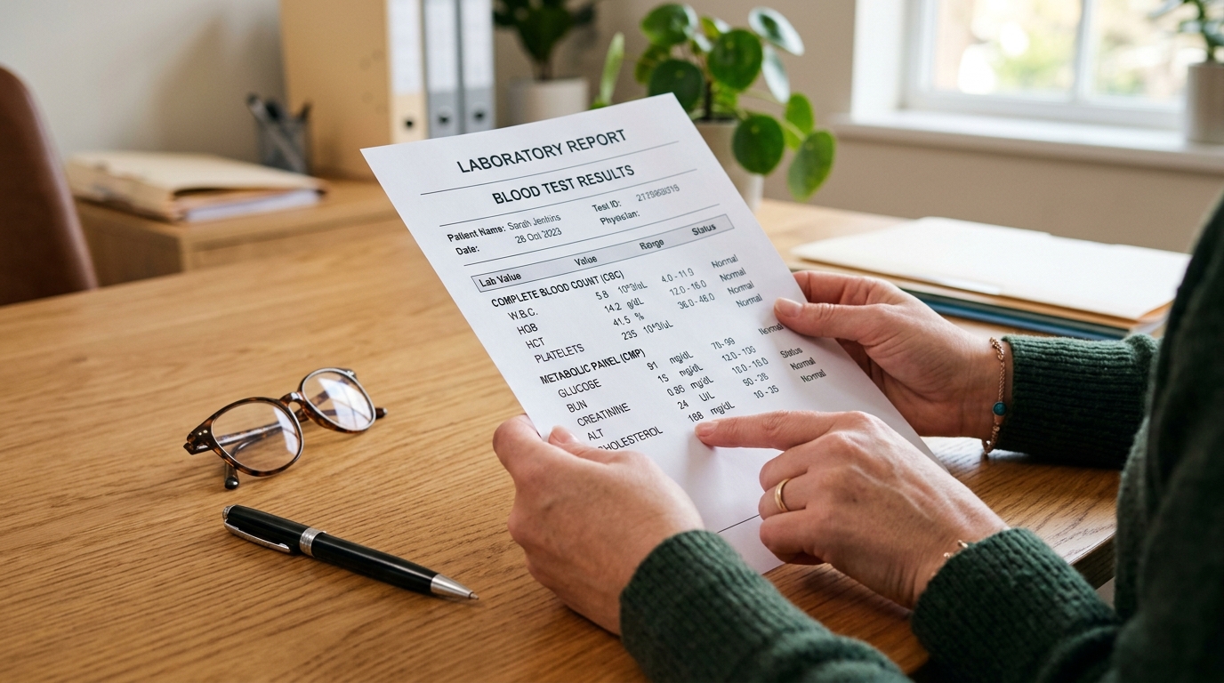 A woman reviewing detailed blood test lab results, representing the comprehensive testing needed beyond standard panels
