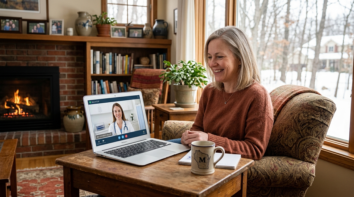 A Wisconsin woman having a comfortable telehealth consultation from her living room, connecting with her functional medicine provider via video call