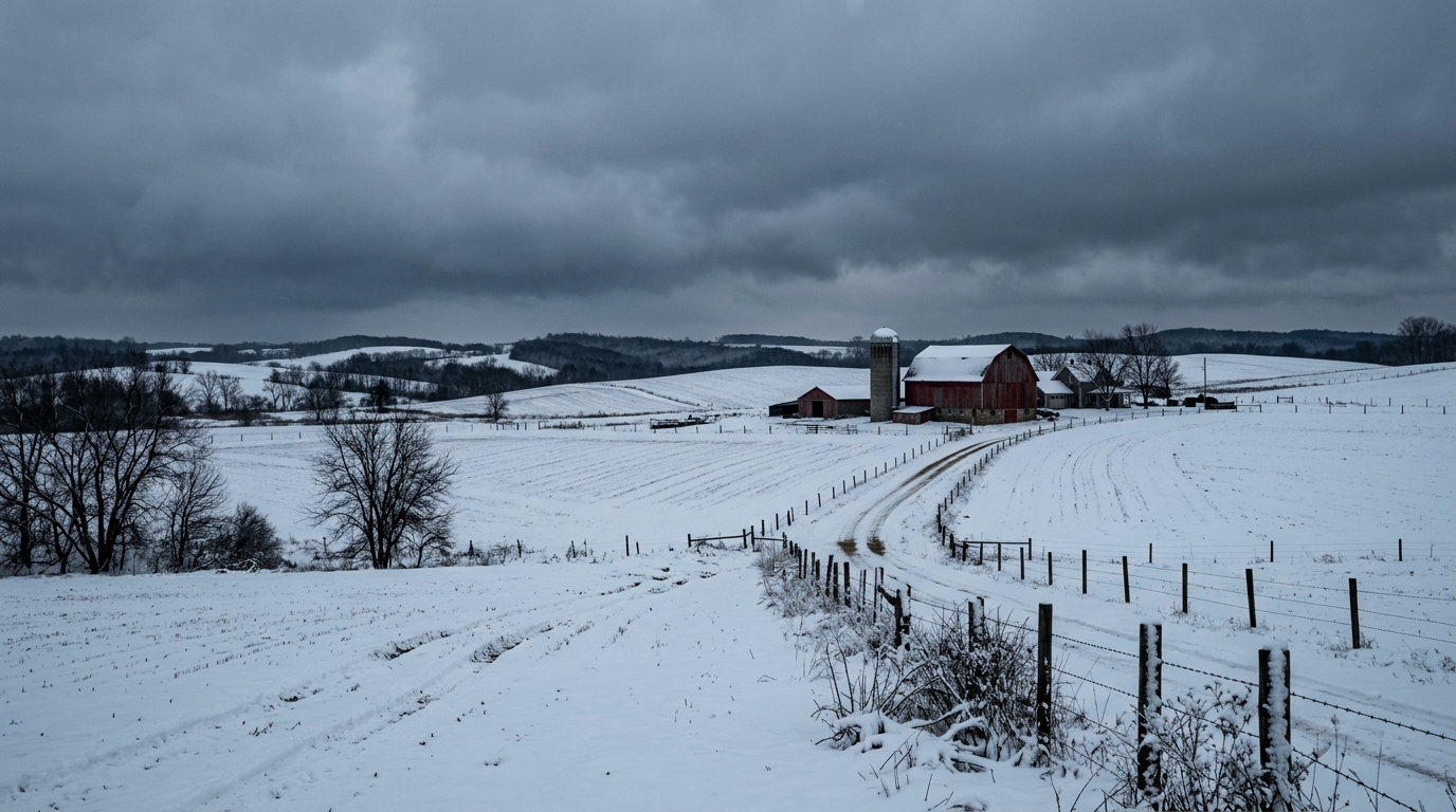 A moody Wisconsin winter landscape with snow-covered dairy farmland and grey skies, illustrating the long dark winters that contribute to vitamin D deficiency and seasonal health challenges