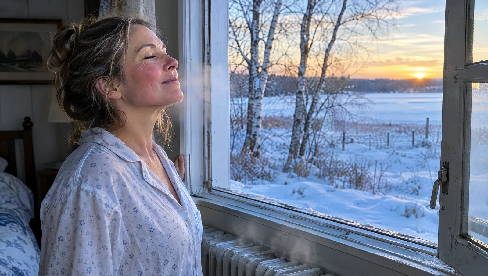 Woman in light cotton sleepwear standing at an open window in a Wisconsin farmhouse in winter, breathing cold air with snow-covered fields and birch trees at dawn outside