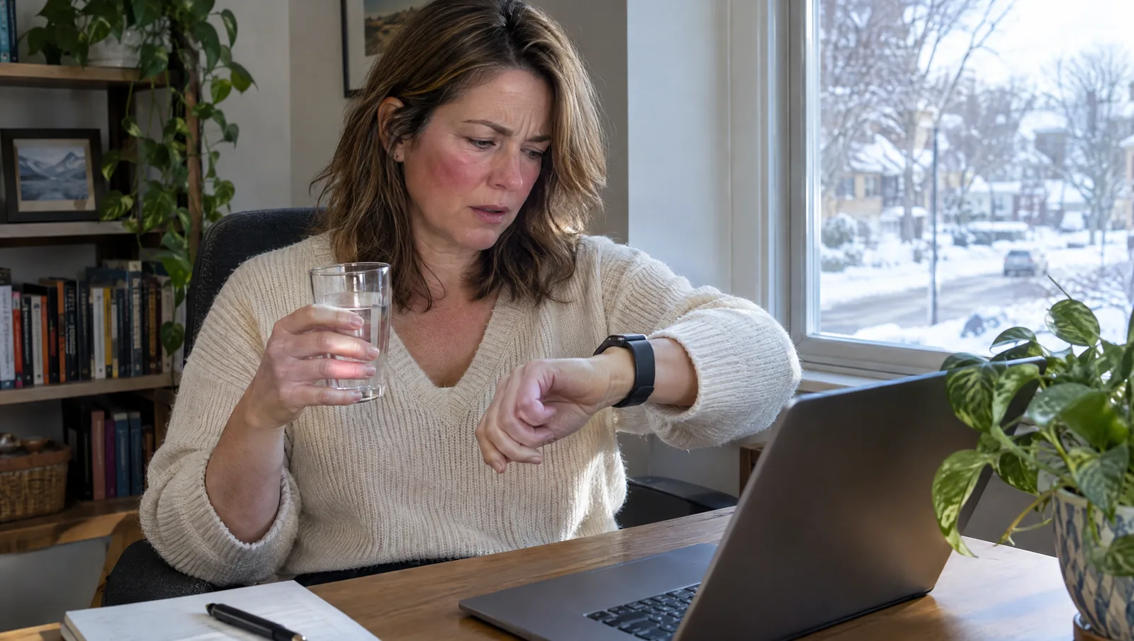 Flushed woman in her late 40s at a home office desk glancing at her smartwatch heart rate while holding a glass of water